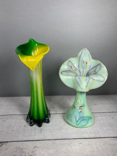 Vintage Pair of Fenton Vases: Jack in the Pulpit/Calla Lily Vase and Floral Interlude Vase