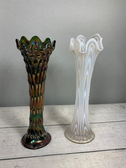 Vintage Pair of Fenton Swung Vases: Carnival Glass Rustic Variant and Northwood Spanish Lace