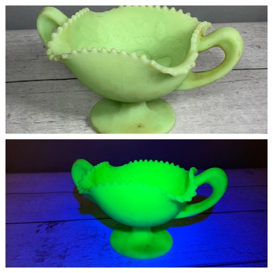 Vintage Fenton Lime Green Satin Footed Fruit Motif Candy Dish with Uranium Glass