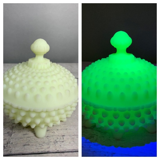 Fenton Signed White Satin Hobnail Lidded Candy Dish with Uranium Glass