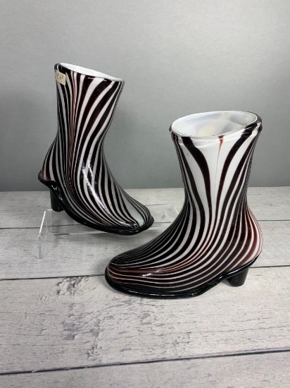 Vintage Pair of Fifth Avenue Crystal Art Glass Zebra Boots