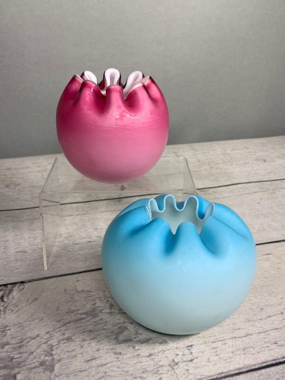 Pair of Fenton Satin Pinch Top Vases in Pink and Blue