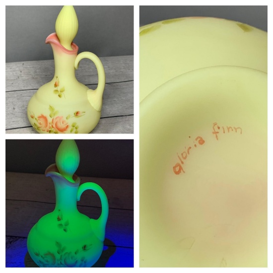 Vintage Fenton Yellow Burmese Cruet Rose Blush with Uranium Glass and Stopper