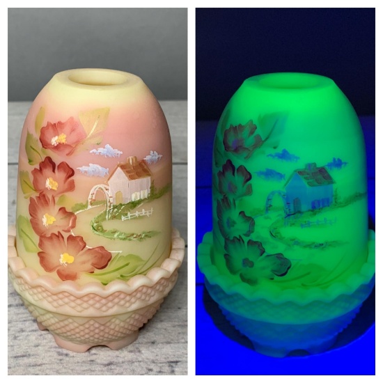 Vintage Fenton Burmese Fairy Lamp Hand Painted with Uranium Glass