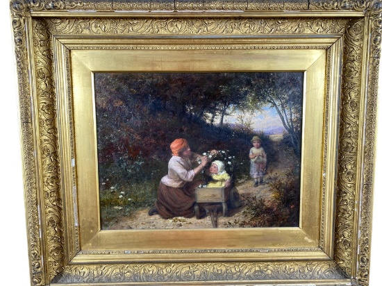 Country Scene with Women and Children, Oil on Canvas, William Bromley
