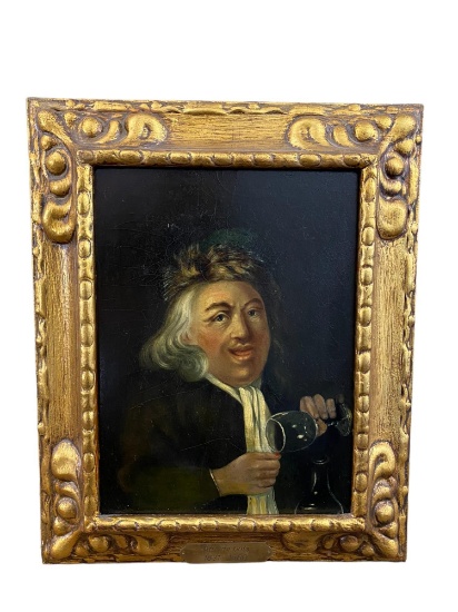 Portly Man Pouring A Drink, Oil on wooden panel, manner of Gerrit Dow (1613-1675)