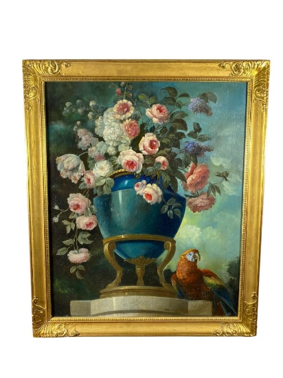 Vase with flower and parrot, Oil on Canvas, French, 18th c.