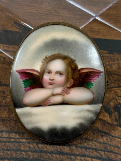 19th c. antique painted porcelain brooch Cherub/Angel