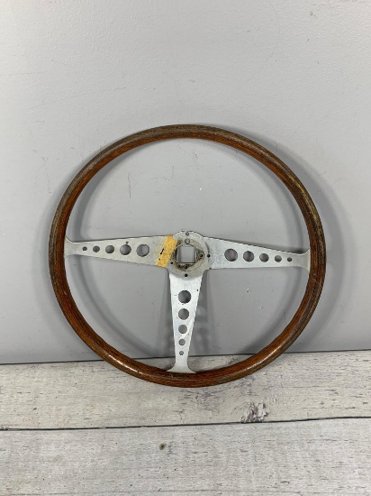 Vintage Wood and Aluminum Automobile Steering Wheel
