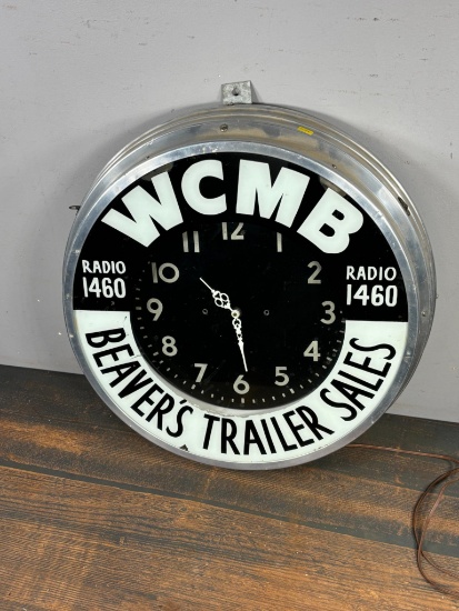 Vintage WCMB 1460 And Beaver's Trailer Sales Advertising Lighted Clock Sign