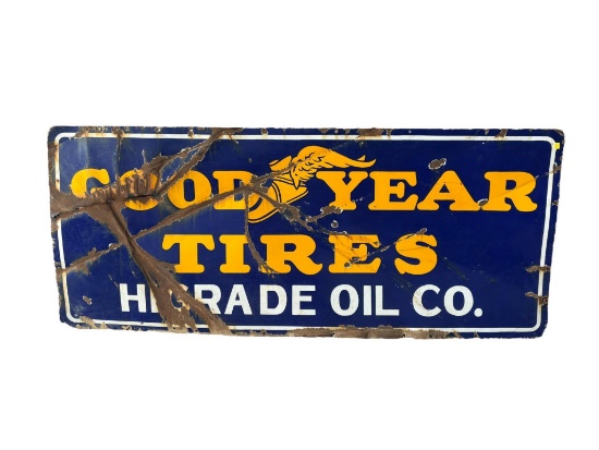 Vintage Porcelain Dual Advertising Goodyear Tires and Highgrade Oil Co. Sign