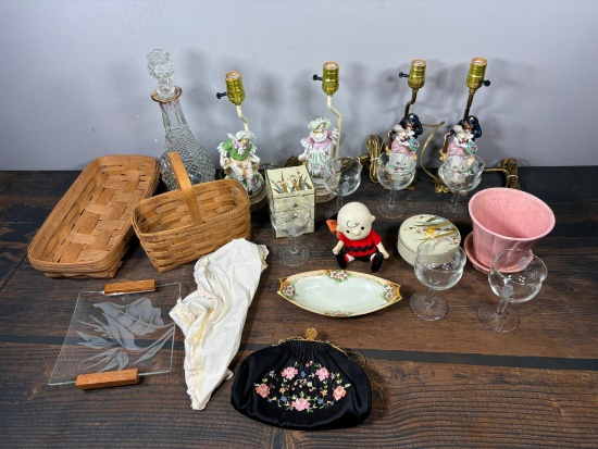 Four Vintage Figural Porcelain Lamps, Pottery, Glass Decanter, Ceramics, Baskets, Purse and More