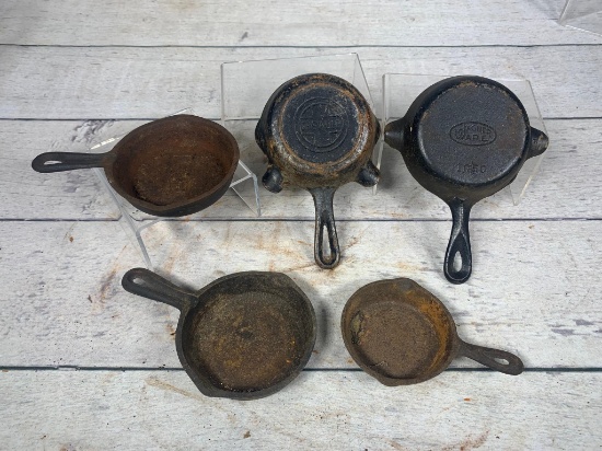 Group of Five Mixed Brands of Cast Iron Skillets