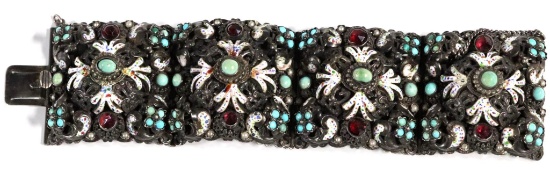 Rare Victorian Bracelet 800 Silver, Enamel, Gemstones, Turquoise