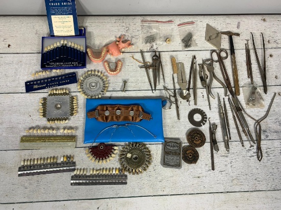 Group of Antique Dental Tools, Color Guides, Dentures and More