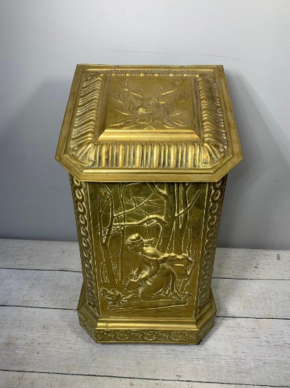 Antique Brass Kindling/Coal Container with Lion's Head Handles and Insert