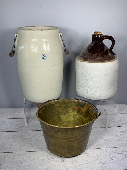 Antique Stoneware Crocks and an Antique Brass Bucket