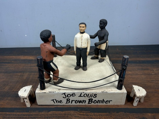 1930s Joe Louis "The Brown Bomber" Boxing Ring Toy Diorama Hand Carved