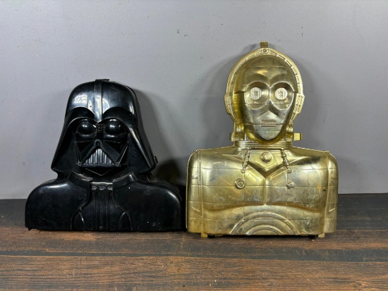 Vintage Darth Vader and C3PO Star Wars Figures Cases with Some Figures in Them