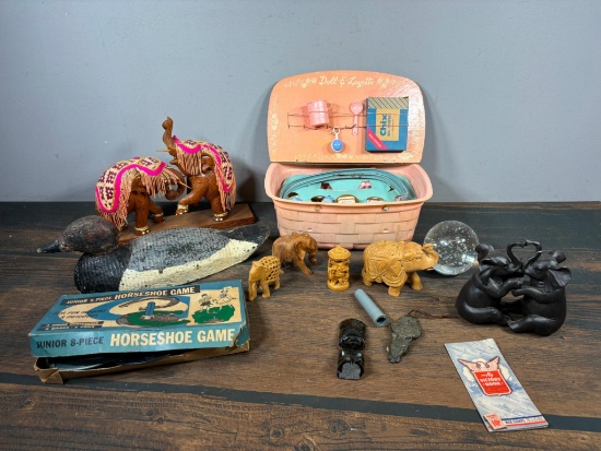 Vintage Duck Decoy, Group of Carved Elephants, Child's Picnic Play Set, Horseshoe Game, More