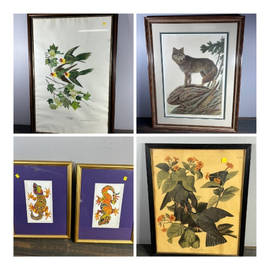 Two John Ruthven Signed Prints, Kim Brown Lizards, and Antique Audubon Print of a Pigeon