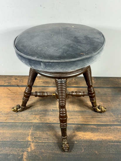 Antique Piano Stool with Turned Legs and Brass Face Feet