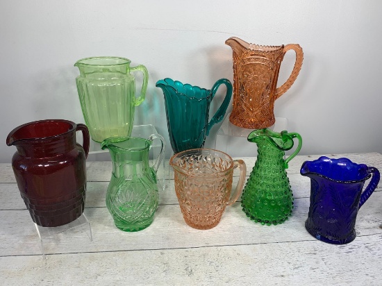 Various MAkers and Colors of Vintage Glass Pitchers Including One Uranium Glass