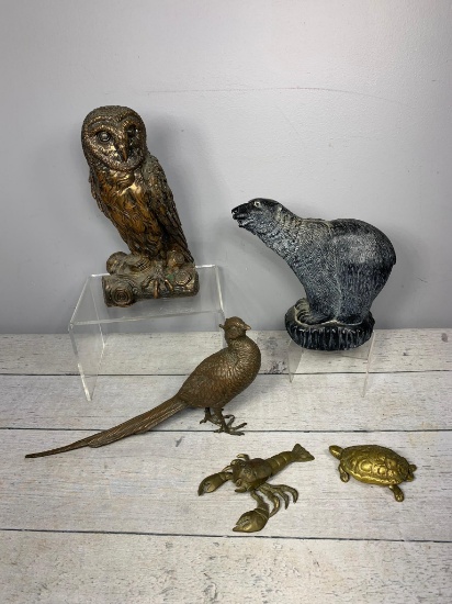Group of Vintage Animal Figures Including Copper Bird, Composite Seal, Brass Turtle and More