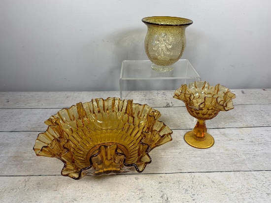 Two Pieces of Vintage Fenton Thumbprint Glass and Amber Bubble Glass Vase