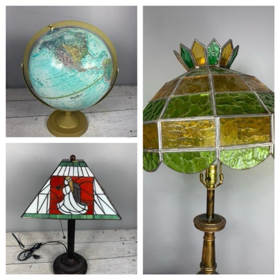 Two Vintage Lamps with Stained Glass Shades and a Vintage Replogle Ocean Series 12-inch Globe