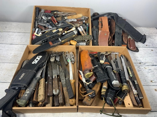 Three Box Lots of Vintage Knives and a Pile of Leather and Other Type Sheaths