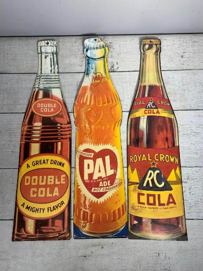 Three Vintage Cardboard Soda Bottles Advertising Signs