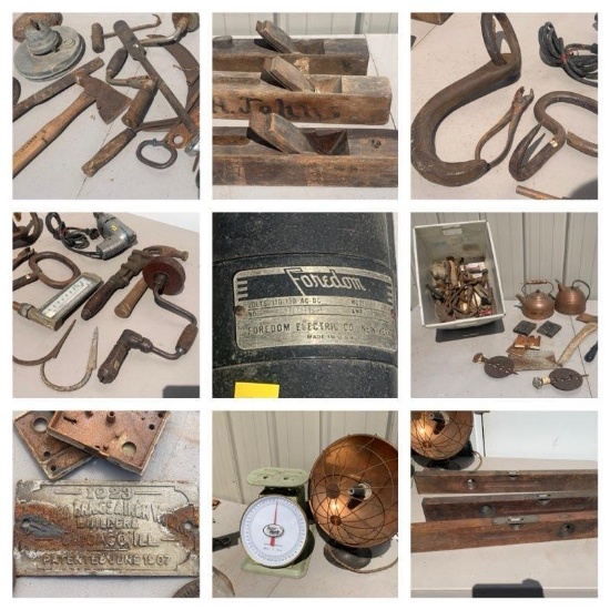 Large Group of Antique Tools, Electric Motor, Copper Kettles, Flue Dampers, Magneto, Scale, More