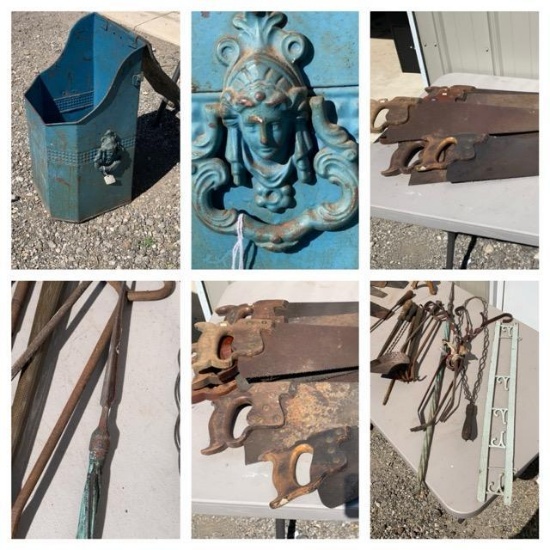 Antique Kindling or Coal Container and Group of Antique Saws, Tools, Hooks, Lightning Rod, and More