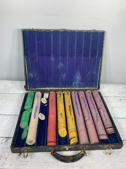Large Set of Antique Poker Casino Chips in Case