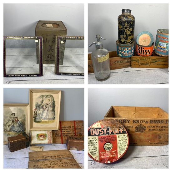 Antique Chinese Food Tin, Pair Biscuit Tin Lids, Soda Bottle, Kitchen Tins, Prints and More