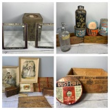 Antique Chinese Food Tin, Pair Biscuit Tin Lids, Soda Bottle, Kitchen Tins, Prints and More