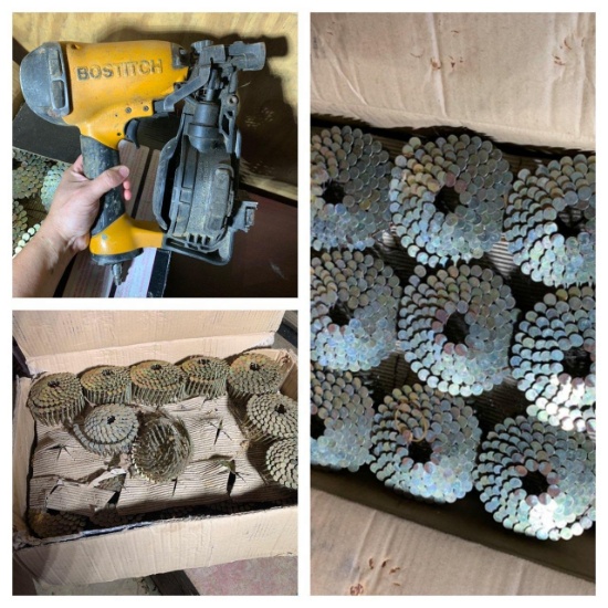 Bostitch Pneumatic Coil Roofing Gun and Two Partial Boxes of Collated Coil Roofing Nails