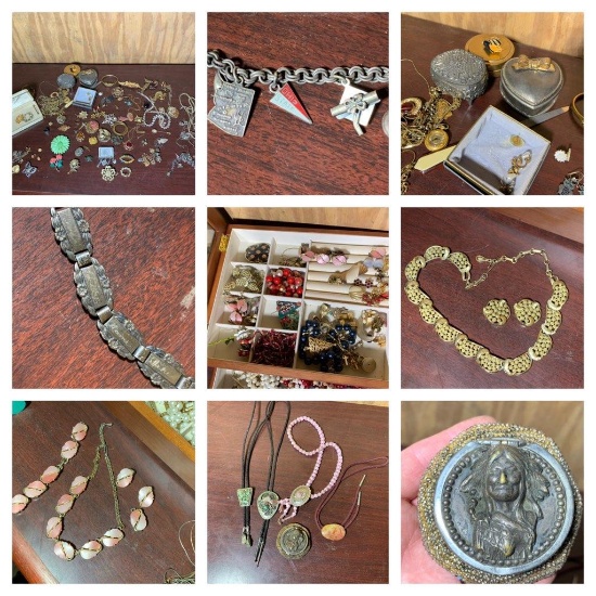 Large Lot of Mixed Costume Jewelry, Some Sterling Silver and Unique Indian Head Lid Beaded Ring Box