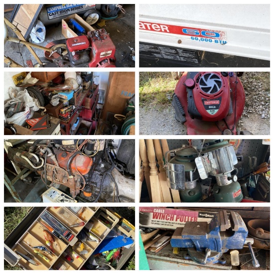 Exceptional Total Old Time Garage Contents Lot - Big Block Engine, Tools, compressor, Stoves and mor