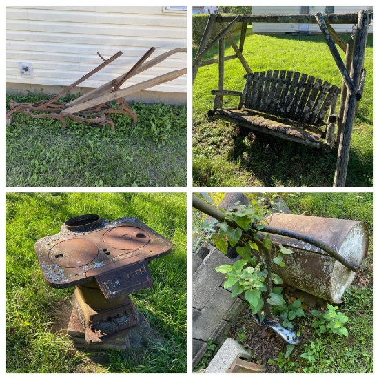Old walk behind Horse Drawn Cultivator, Lawn Roller, Small Plow, Stove etc