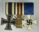 German WWI - WWII 3 Place Medal Bar with EK2 Hindenburg Cross and 25 Year Service Cross