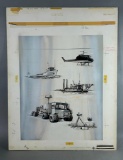 1970s Post Vietnam Original Painting of U.S. Marine Electronics Group Helicopter -Ships - Trucks