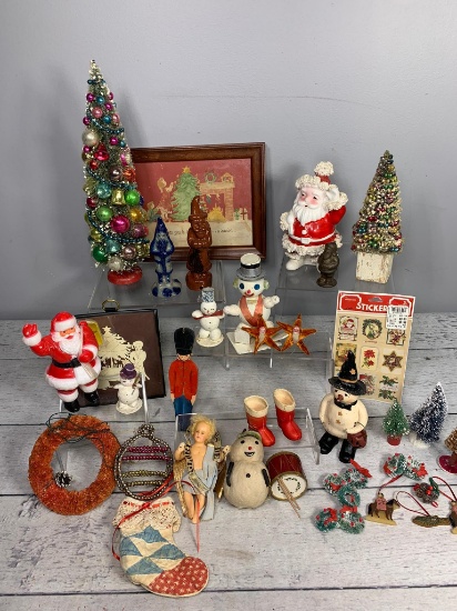 Group of Vintage Christmas Decorations Including Folk Art Items