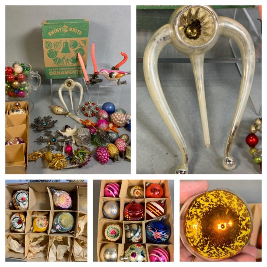 Group of Vintage Glass Christmas Ornaments Including Shiny Brite and Other Decorations