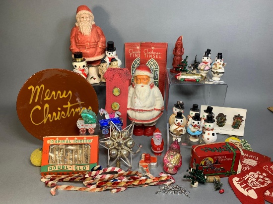 Group of Vintage Christmas Decorations: Snowmen Candy Containers, Tinsel, Victorian Candle Clips