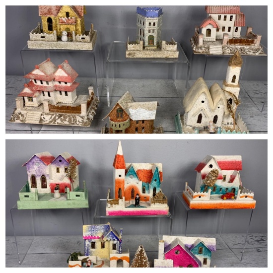 Group of Vintage Putz Buildings Made with Cardboard and Mica Made in Japan