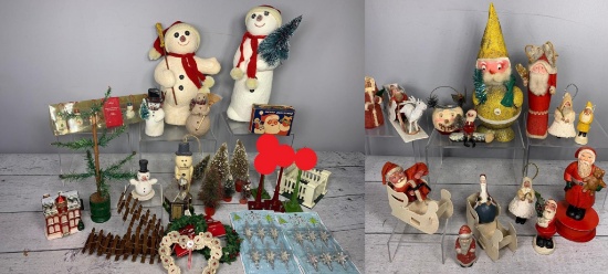 Lot of Vintage Christmas Decorations: Yellow Suit Santa Candy Container, Snowmen, Folk Art Items