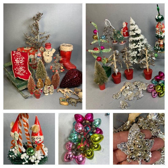 Lot of Vintage Christmas Decorations: Folk Art Pieces, Goebel Figurine, Glass Ornaments & More