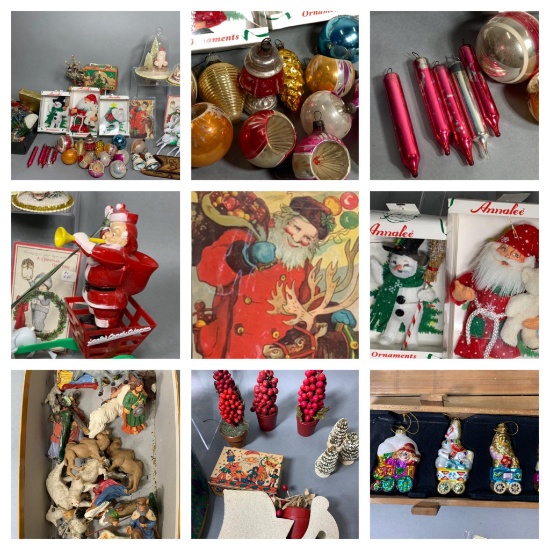Thomas Pacconi Box of Glass Christmas Ornaments and Group of Vintage Glass Ornaments and More